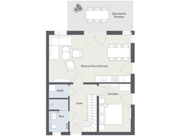 Grundriss Erdgeschoss – barrierefreier Zugang zu Bad, Schlafzimmer und Wohnbereich